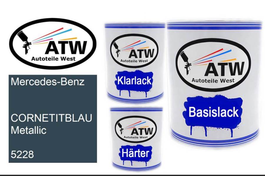 Mercedes-Benz,  CORNETITBLAU Metallic, 5228: 1L Lackdose + 1L Klarlack + 500ml Härter - Set, von ATW Autoteile West.